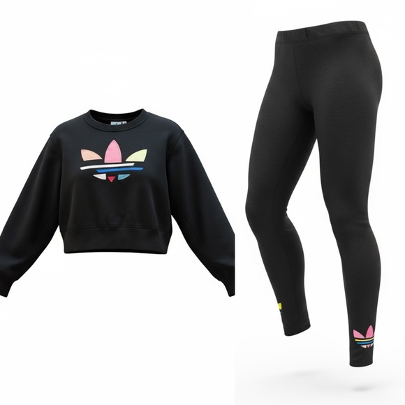 adidas Pants - adidas Black Cropped Sweatshirt and Leggings Set with Pastel Logo